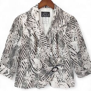 Alex Evenings Jacket Womens Petite Medium Black Cream 3/4 Sleeve Tie Front Lined